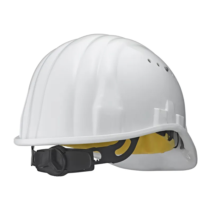 Weißer Schuberth Baumeister 80 Schutzhelm mit 6-Punkt-Innenausstattung und Drehverschluss, Seitenansicht, nach EN 397