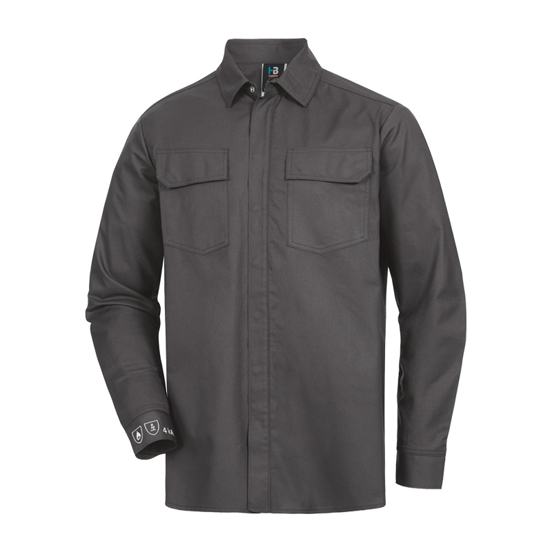 Graues HB PROtection MultiNorm Hemd GREEN TURTLE 4 kA | APC1 von HB Protective Wear, langärmeliges Schutzhemd mit Kragen und Brusttaschen