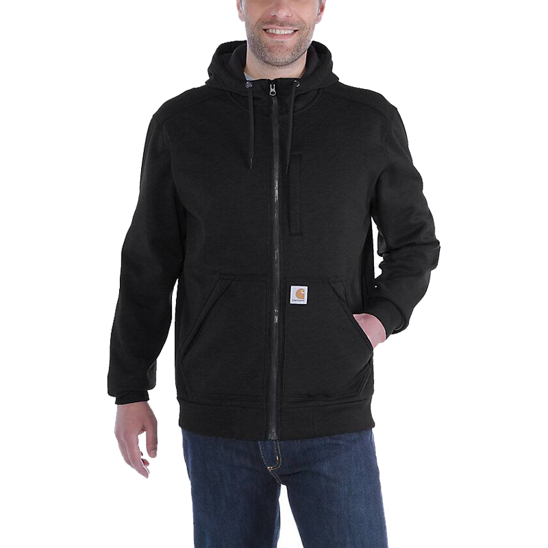 Herren trägt Carhartt 101759 Wind Fighter Sweat-Jacke in Schwarz mit Kapuze, Reißverschluss, wind- und wasserabweisend