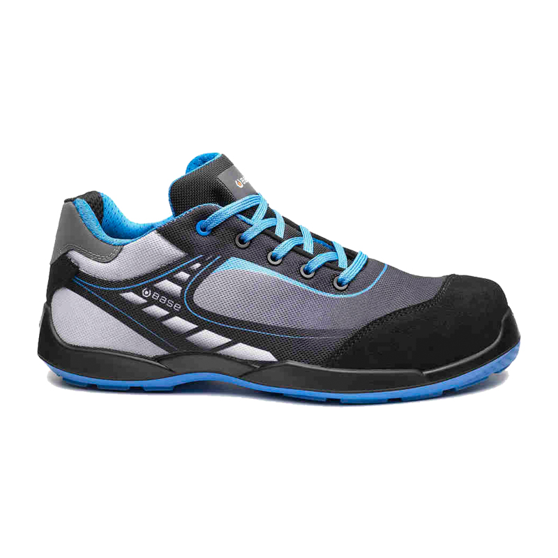 BASE Bowling S3L Sicherheitsschuh B0676 von BASE, seitliche Ansicht in Grau, Schwarz und Blau mit sportlichem Design