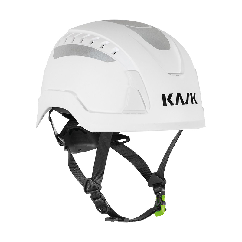 Kask PRIMERO AIR HI VIZ Industriehelm nach EN 397 + EN 50365 in Weiß, mit Belüftungsöffnungen, reflektierenden Details und Kinnriemen