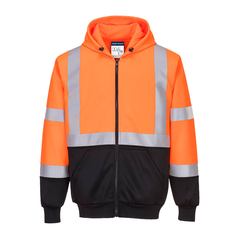 PortWest Warnschutz-Kapuzenjacke in leuchtendem Orange und Schwarz mit durchgehendem Reißverschluss, Kapuze und reflektierenden Streifen für hohe Sichtbarkeit