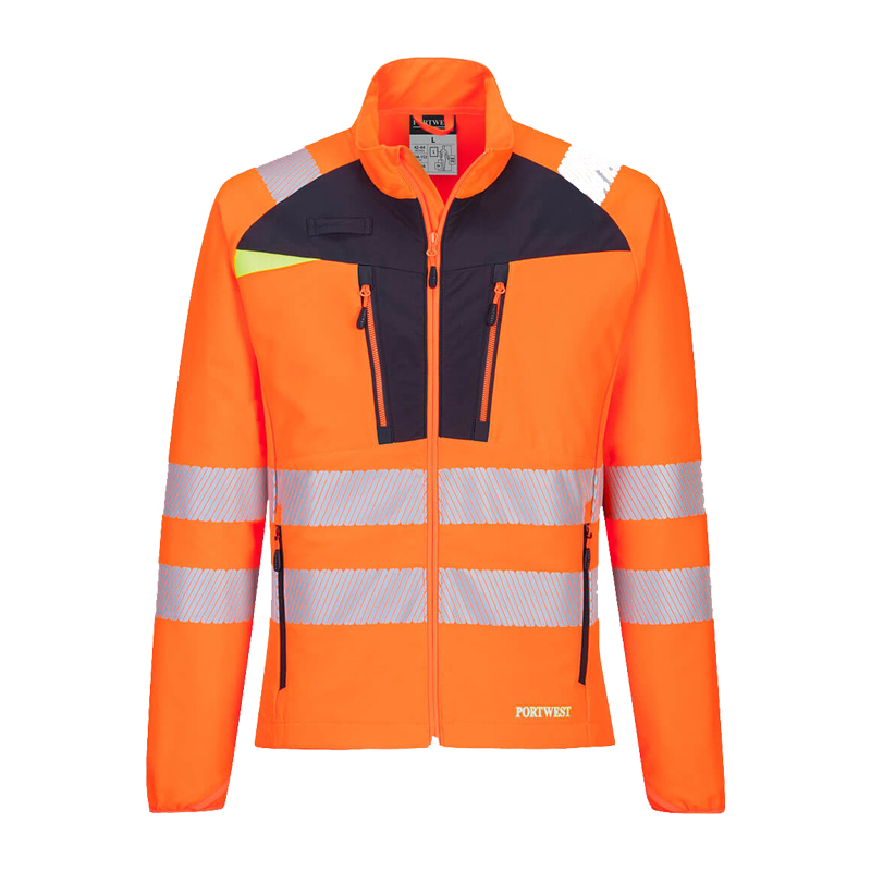PortWest Warnschutzjacke in leuchtendem Orange mit dunklem Brustbereich, reflektierenden Streifen, Stehkragen und mehreren Reißverschlusstaschen
