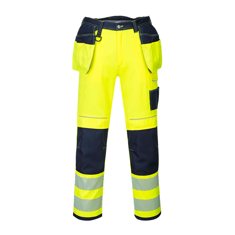 PortWest Warnschutzhose in leuchtendem Gelb und Navy, mit Reflexstreifen, Knieverstärkung und praktischen Werkzeugtaschen