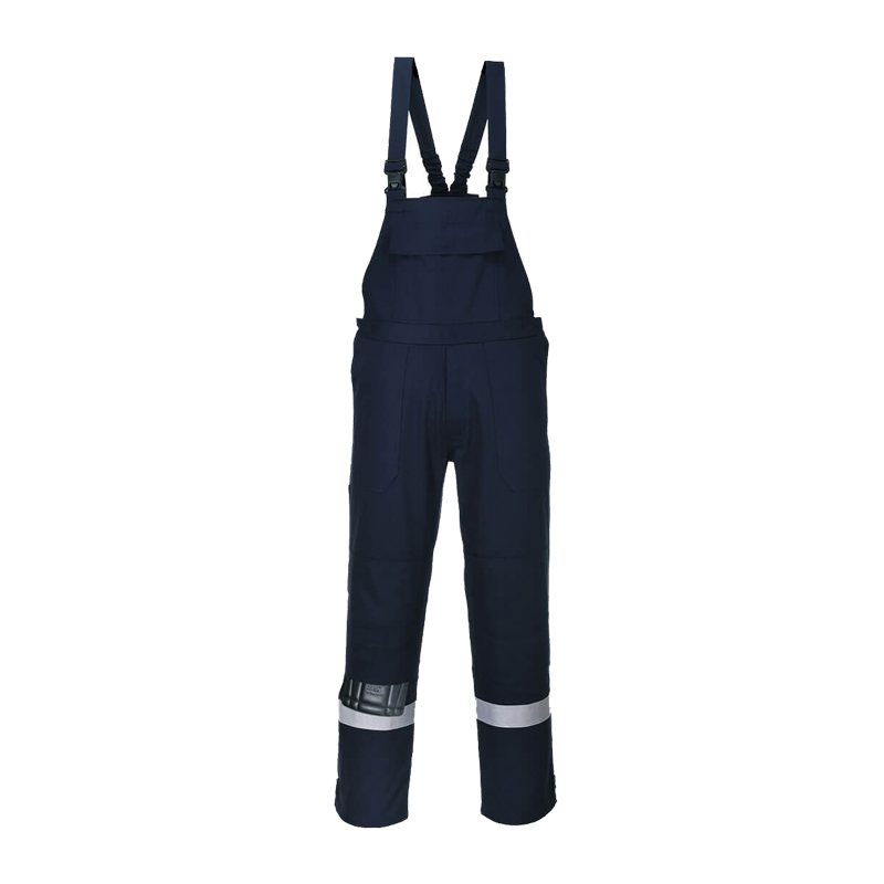 PortWest Arbeits-Latzhose in Marineblau mit verstellbaren Trägern und reflektierenden Beinbändern, frontale Produktansicht