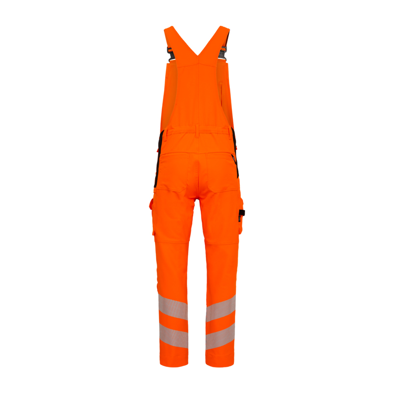 Rückansicht der ENGEL Safety Stretch Warnschutz Latzhose Klasse 2 3345-124 in Orange mit Reflexstreifen an den Beinen