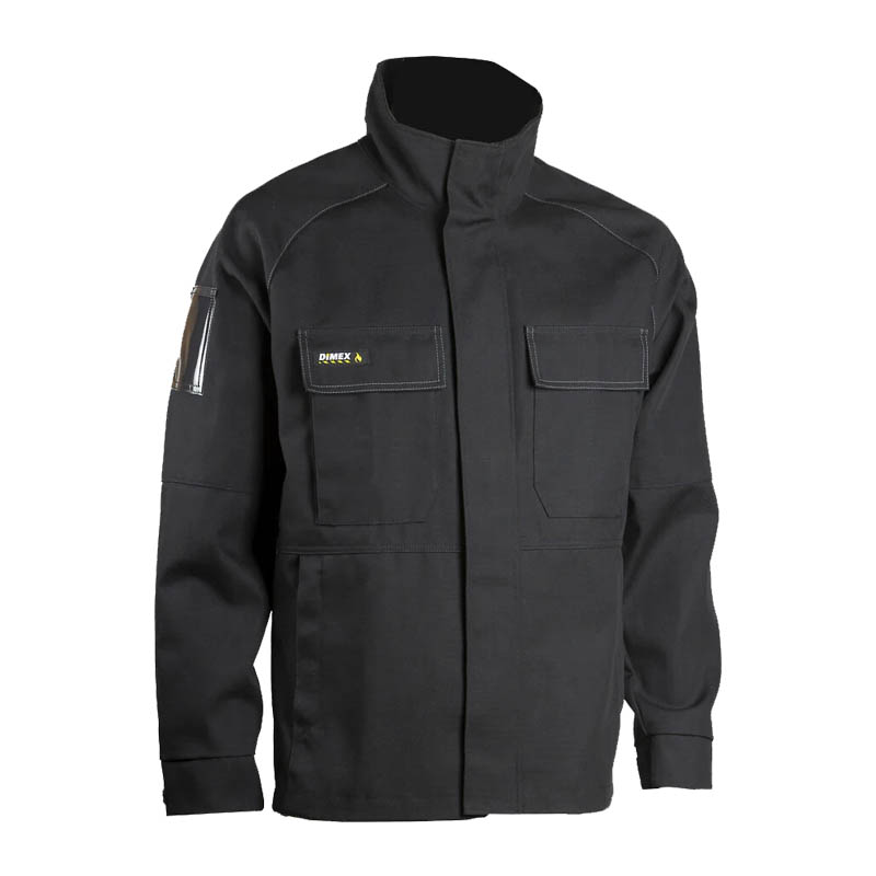 Schwarze Dimex 6121 Stretch Schweißerjacke mit flammhemmendem Material, hohem Kragen, Brusttaschen und Kartenhalter am rechten Ärmel