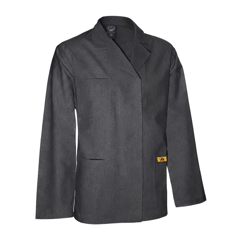 Dunkelgraue Mimoza ESD Jacke für EPA-Bereiche 10⁵ bis 10⁷ Ohm nach EN 61340, antistatische Arbeitsjacke mit langen Ärmeln
