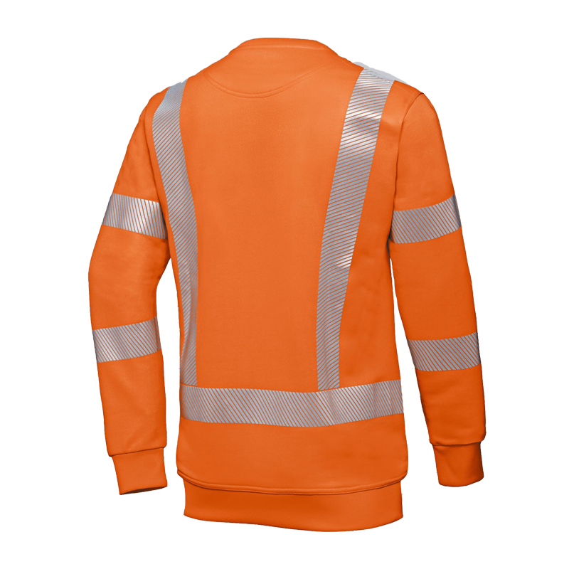 Rückansicht des BP 2134 Warnschutz Comfort Sweat Shirts Klasse 2 von BP Bierbaum Proenen in Orange mit umlaufenden Reflexstreifen an Ärmeln, Schultern und Saum