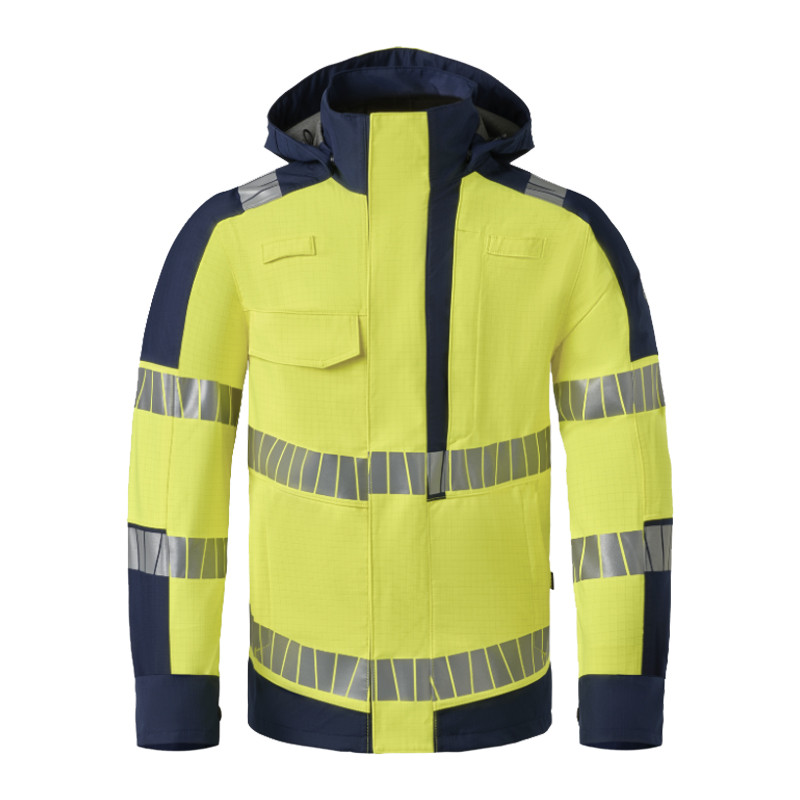 HaVeP Warnschutzjacke in Leuchtgelb und Marineblau mit Kapuze, Reflexstreifen und Brusttasche, Frontansicht
