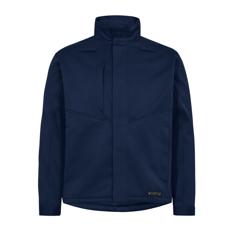 Dunkelblaue Engel Arbeitsjacke mit Stehkragen, langen Ärmeln, seitlichen Taschen und verdecktem Reißverschluss, frontal dargestellt