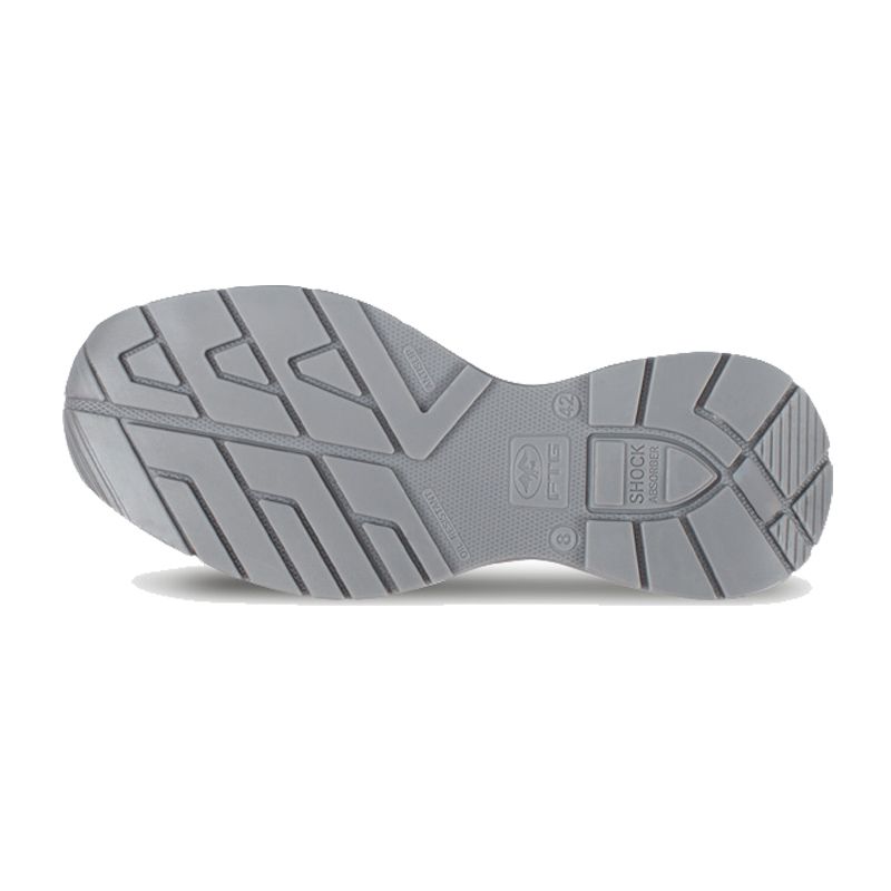 Unteransicht der grauen Profilsohle des FTG Smart Damen S3S ESD Sicherheitsschuhs, leichter wasserabweisender Arbeitshalbschuh von FTG