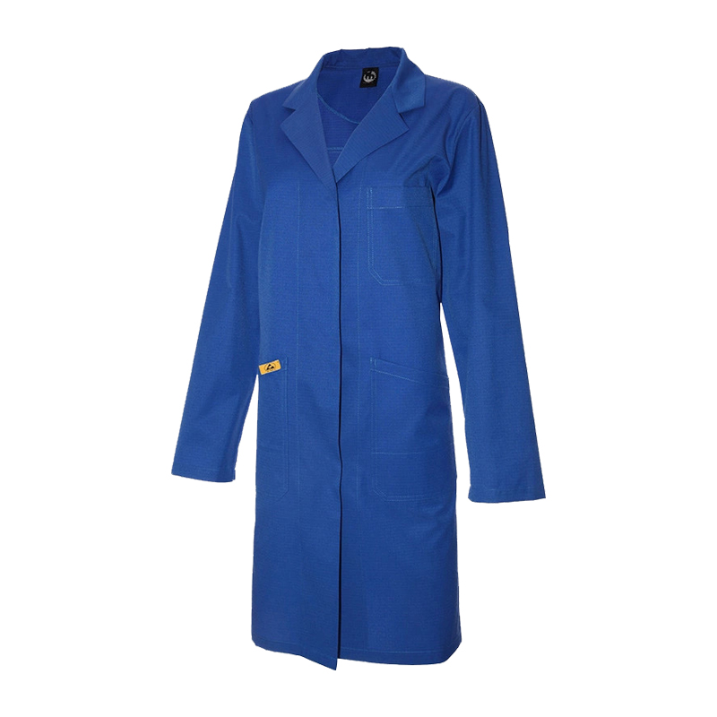 Blauer Mimoza ESD Damen Mantel mit langen Ärmeln für Produktschutz in EPA-Bereichen 10⁵ bis 10⁸, gemäß EN 61340