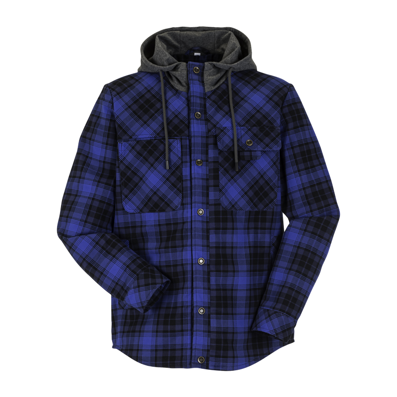 Planam Outdoor Thermohemd mit Teddyfutter in blau-schwarz kariert, warme Hemdjacke mit Kapuze und Brusttaschen