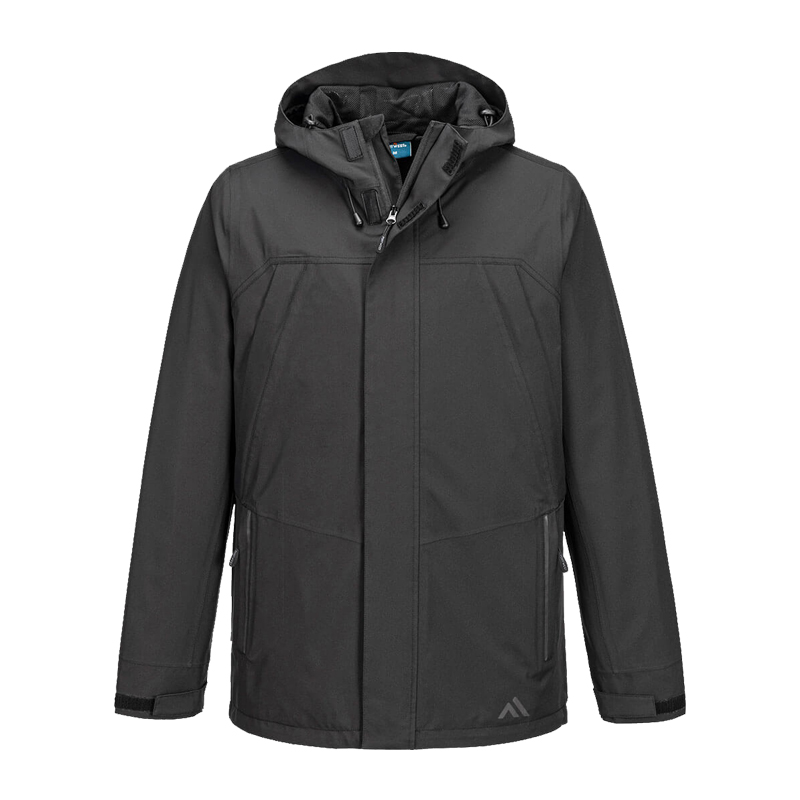 Schwarze PortWest Herrenjacke mit Kapuze, Reißverschluss und wetterfestem Design als Outdoor- und Arbeitsjacke