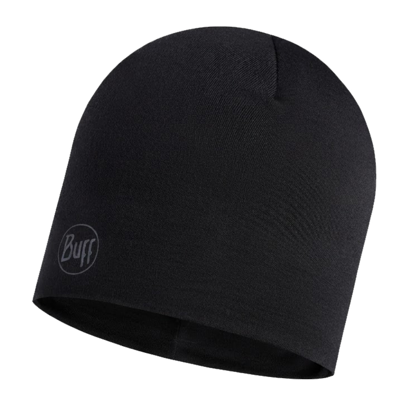 Schwarze Buff Merino Wool Thermal Winter Mütze, extra leicht und hoch wärmeisolierend, mit dezentem Buff-Logo