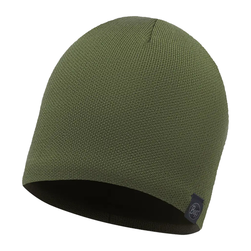 Buff Strickmütze in Olivgrün, schlichte warme Beanie mit feiner Strickstruktur und kleinem Logo-Label