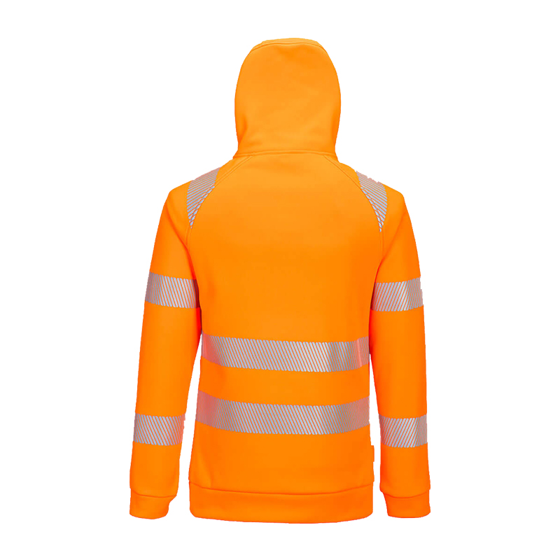 Rückenansicht einer orangefarbenen PortWest Warnschutz-Kapuzenjacke mit Kapuze und umlaufenden Reflexstreifen an Schultern, Armen und Rumpf
