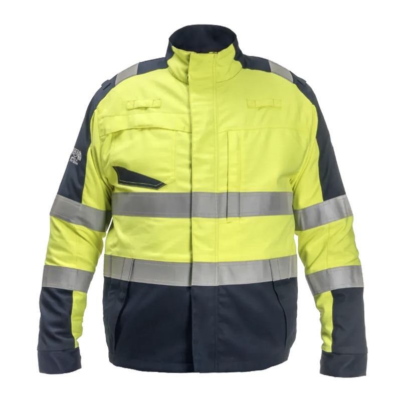 HydroWear Warnschutzjacke in Gelb und Marineblau mit umlaufenden Reflexstreifen, Stehkragen und Frontverschluss