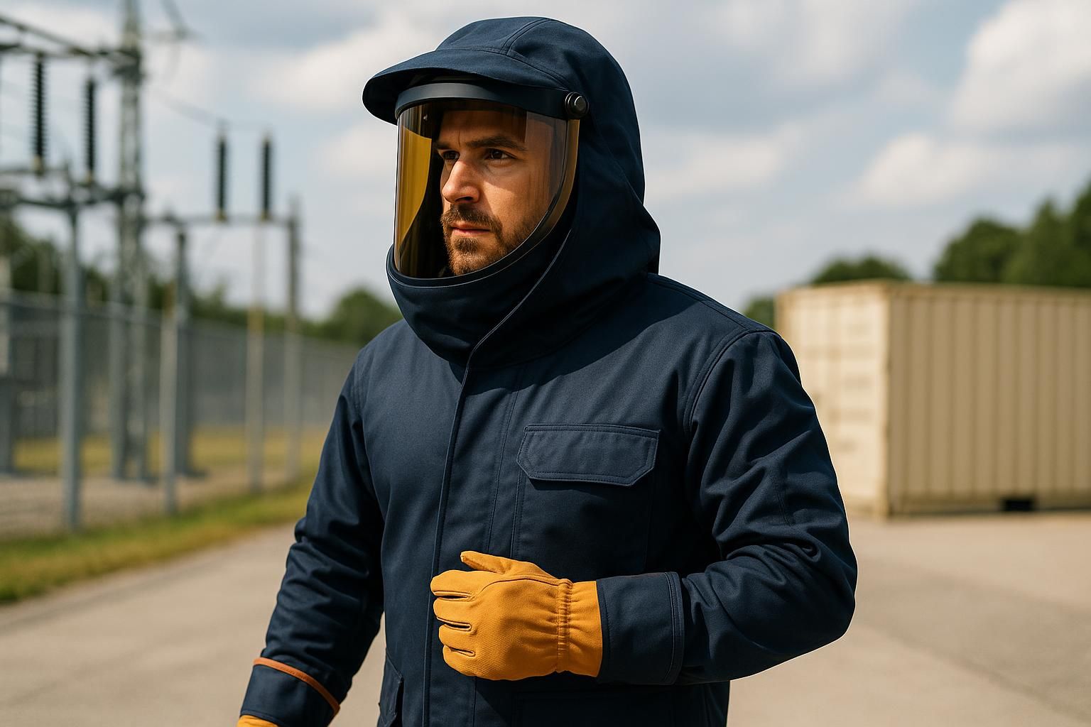 Mann trägt dunklen Schutzanzug mit integriertem Visier und gelben Handschuhen auf einem Industriegelände nahe Hochspannungsanlagen