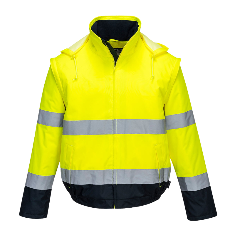 PortWest Warnschutzjacke in leuchtendem Gelb mit reflektierenden Streifen, Reißverschluss und Kapuze, ideal für Arbeit und hohe Sichtbarkeit