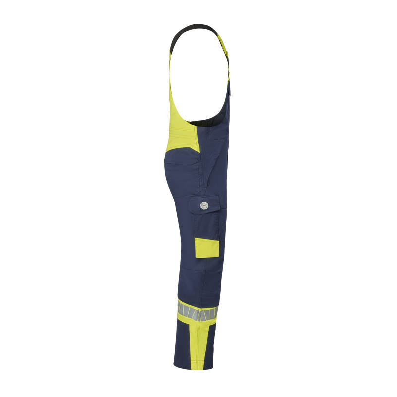 Seitenansicht einer HaVeP Latzhose in Marineblau und Neon-Gelb mit Reflexstreifen und Beintasche, robuste Arbeitskleidung mit hoher Sichtbarkeit