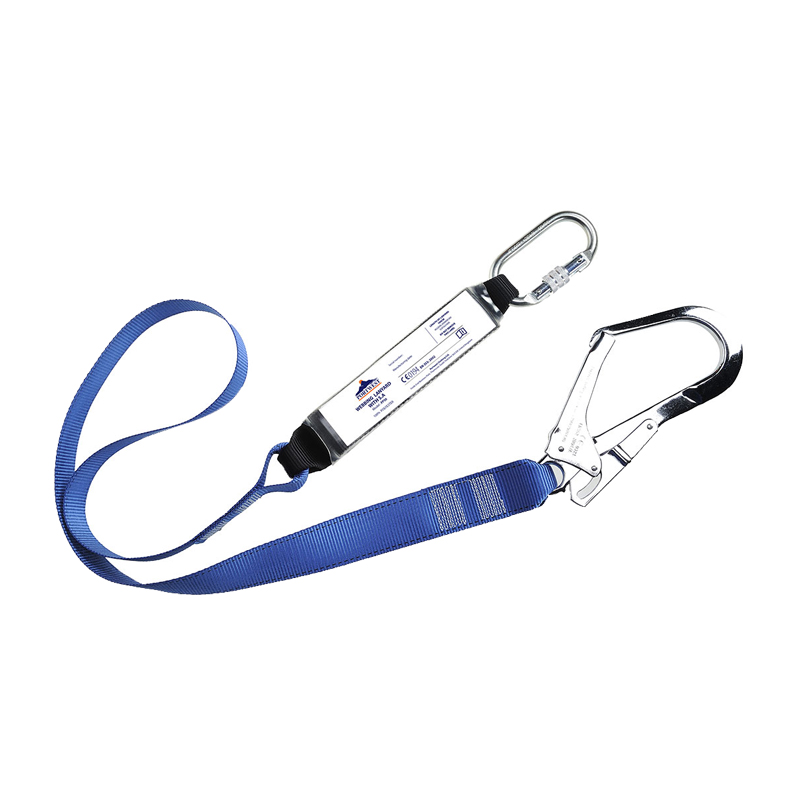PortWest FP50 Gurt-Halteseil aus blauem Polyestergewebe mit integriertem Bandfalldämpfer, großem Gerüsthaken und Automatik-Karabiner für Arbeiten in der Höhe