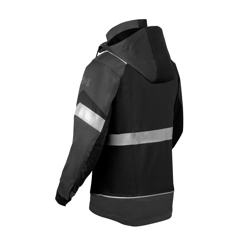 Rückansicht des HaVeP 5Safety Image+ 50286 MultiNorm Parka APC2 in Schwarz mit Kapuze und silbernen Reflexstreifen am Rücken und Ärmel