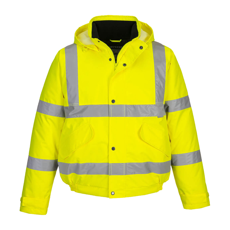 PortWest Warnschutzjacke in leuchtendem Gelb mit umlaufenden Reflexstreifen, Kapuze, Frontverschluss und Taschen – ideal als Arbeitsjacke mit hoher Sichtbarkeit.