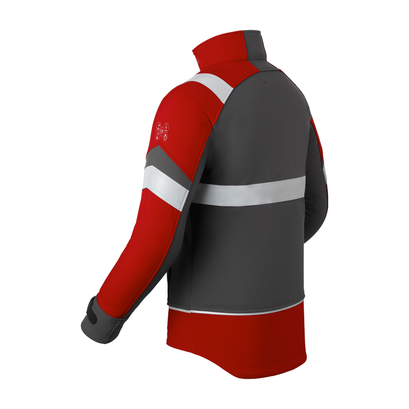 Rückansicht der HaVeP 5Safety Image+ 50384 MultiNorm SoftShell Jacke APC1 von HaVeP in Rot-Anthrazit mit umlaufenden Reflexstreifen