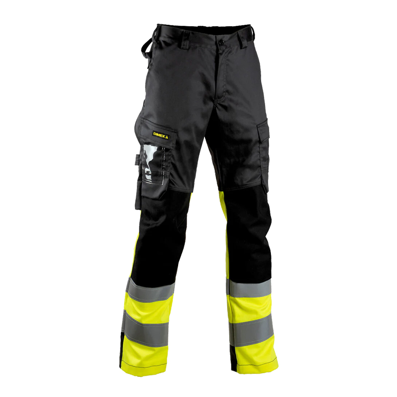Dimex 6112 Stretch MultiNorm Hose mit Kniepolster Klasse 1 von Dimex, schwarze Warnschutzhose mit gelben Beinabschlüssen, Reflexstreifen und Arbeitstaschen