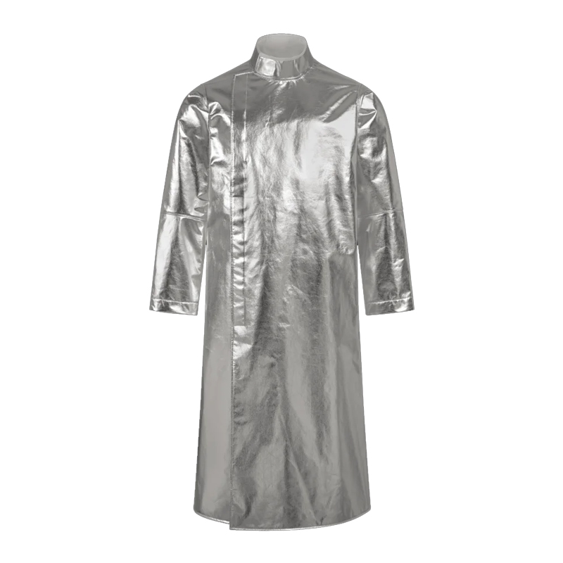 Silberner Hitzeschutzmantel von HB Protective Wear mit langen Ärmeln, Stehkragen und knielanger Schutzform