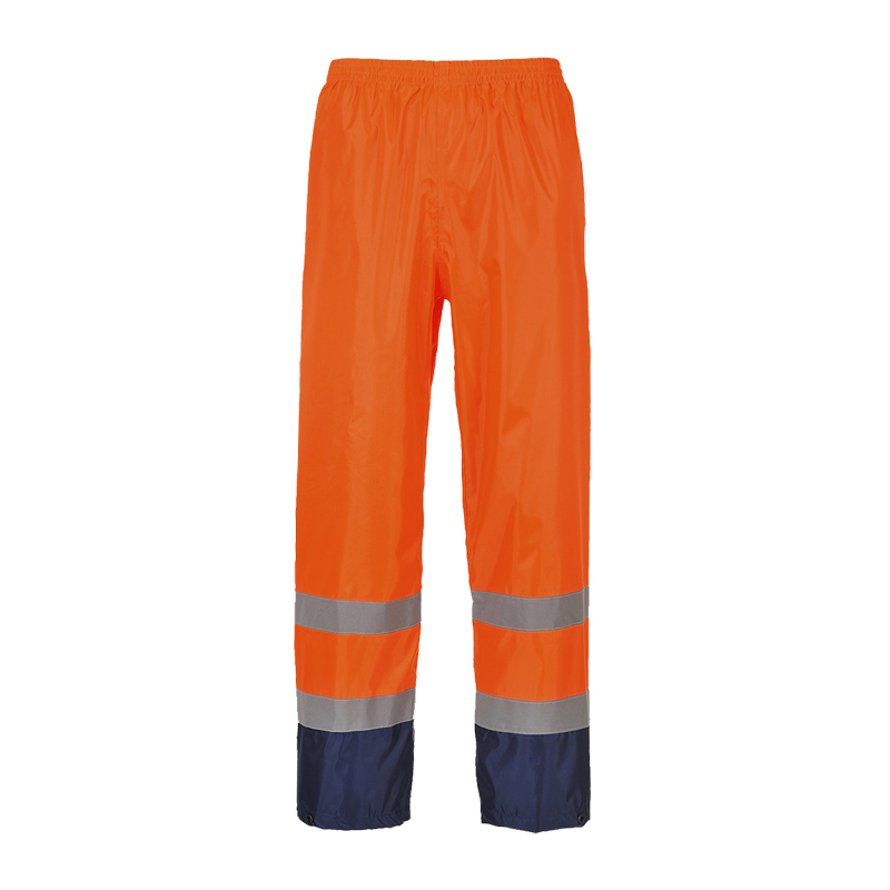 PortWest Warnschutzhose in leuchtendem Orange mit zwei Reflexstreifen pro Bein und dunkelblauen Abschlüssen, ideal für hohe Sichtbarkeit bei der Arbeit
