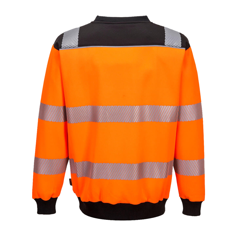 Rückansicht eines PortWest Warnschutz-Sweatshirts in leuchtendem Orange mit schwarzen Bündchen und silbernen Reflexstreifen