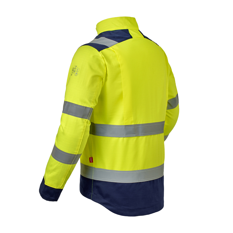 Rückansicht der HaVeP Multi Protector+ BW Warnschutz Jacke Klasse 1 APC1 in Gelb/Marine mit Reflexstreifen und hohem Kragen