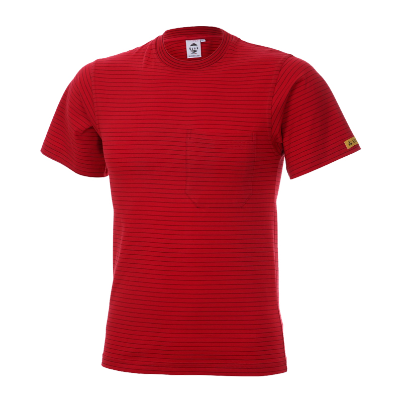 Rotes, fein gestreiftes Mimoza ESD T-Shirt mit Brusttasche für Produktschutz in EPA Bereichen 10⁵ bis 10⁸, EN 61340