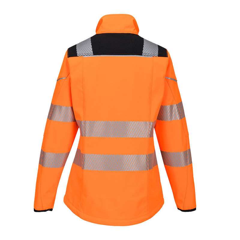 Rückansicht einer orangefarbenen PortWest Warnschutzjacke mit schwarzen Schulterpartien und umlaufenden Reflexstreifen an Rücken und Ärmeln
