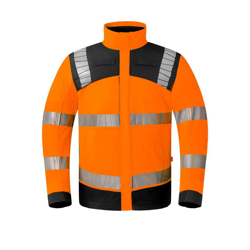 HaVeP Multi Protector+ MultiNorm Warnschutz SoftShell Jacke APC1, orange-schwarz, Frontansicht mit umlaufenden Reflexstreifen