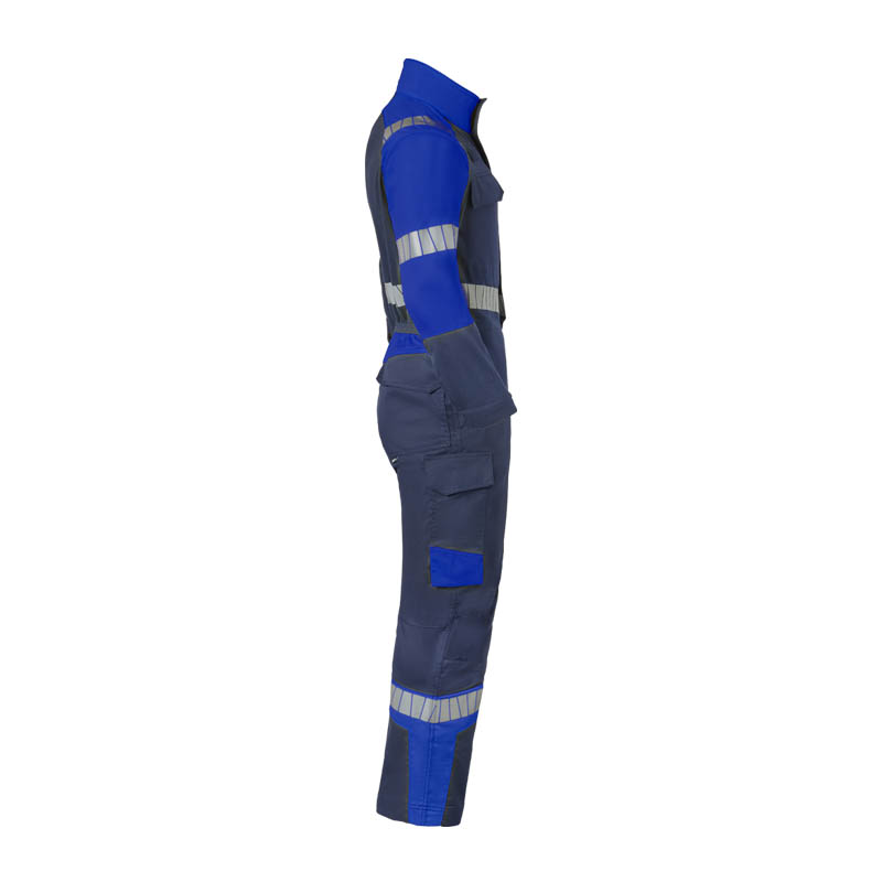 Seitenansicht eines HaVeP Arbeitsoveralls in Blau und Anthrazit mit Reflexstreifen und praktischen Taschen
