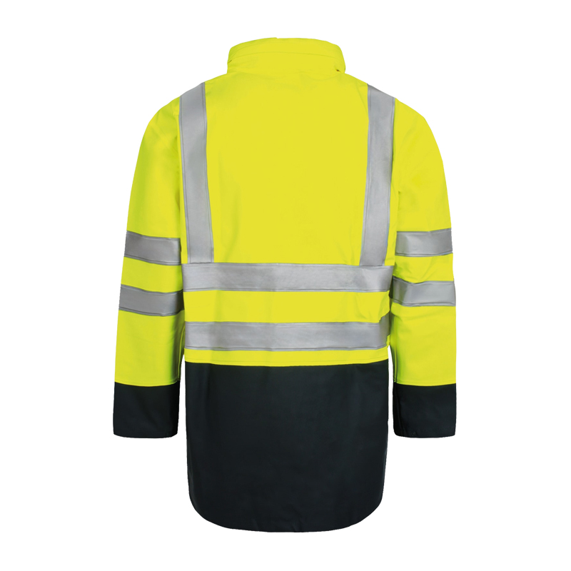 Rückansicht einer Lyngsøe Warnjacke in Hi-Vis Gelb und Schwarz mit umlaufenden silbernen Reflexstreifen an Oberkörper und Ärmeln