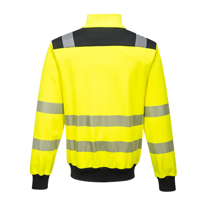 Rückansicht eines PortWest Warnschutz-Sweatshirts in leuchtendem Gelb mit schwarzen Bündchen, Schulterpartie und umlaufenden Reflexstreifen an Rumpf und Ärmeln