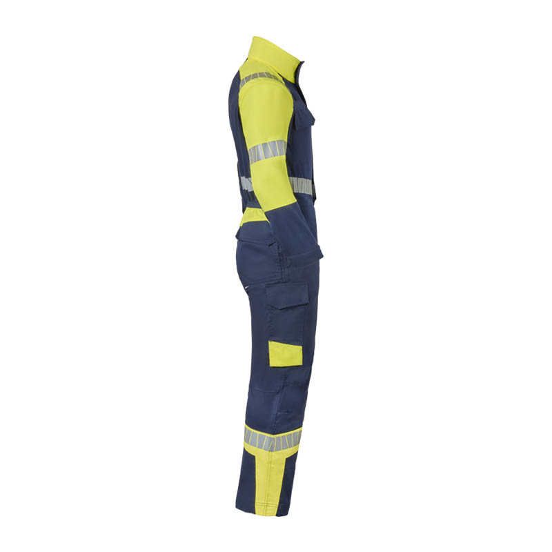 Seitenansicht eines HaVeP Warnschutz-Overalls in Gelb und Marineblau mit Reflexstreifen und Funktionstaschen