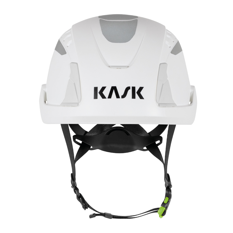 Frontansicht des Kask PRIMERO PL HI VIZ Kletterhelms, weißer Schutzhelm mit Kinnriemen, zertifiziert nach EN 397 und EN 12492