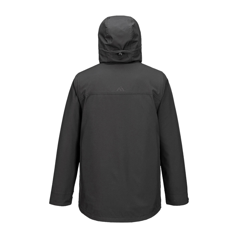 Rückansicht einer schwarzen PortWest Jacke mit Kapuze, funktionale Outdoor- und Arbeitsjacke