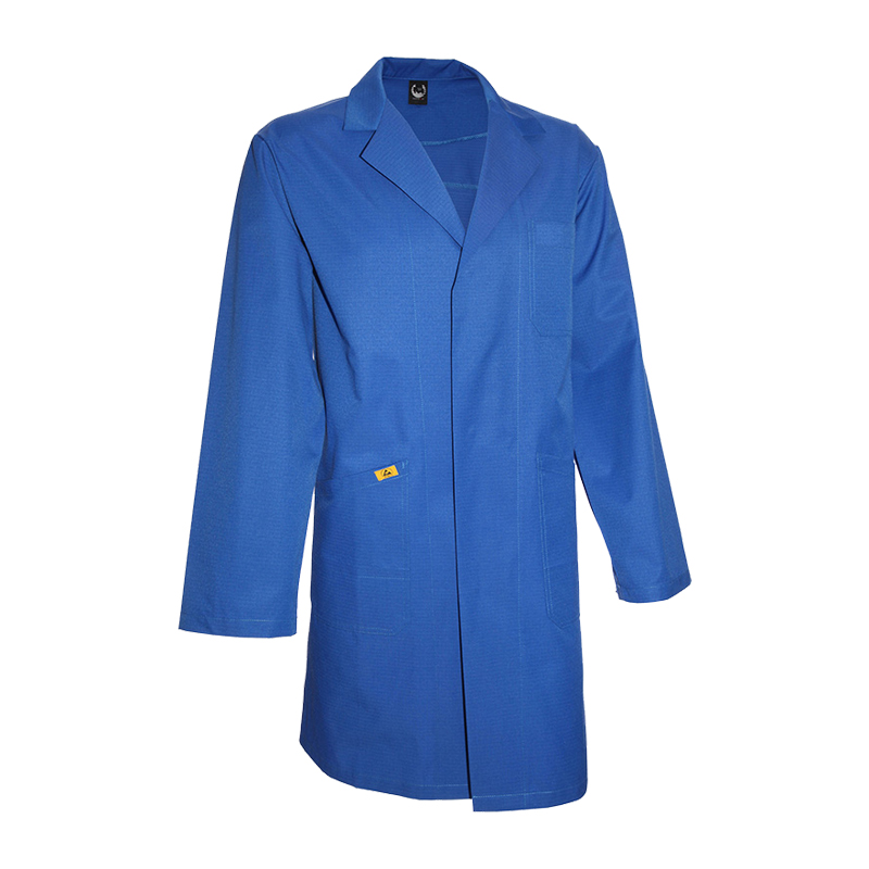 Blauer Mimoza ESD Mantel mit langen Ärmeln für Produktschutz in EPA-Bereichen 10⁵ bis 10⁸, gemäß EN 61340