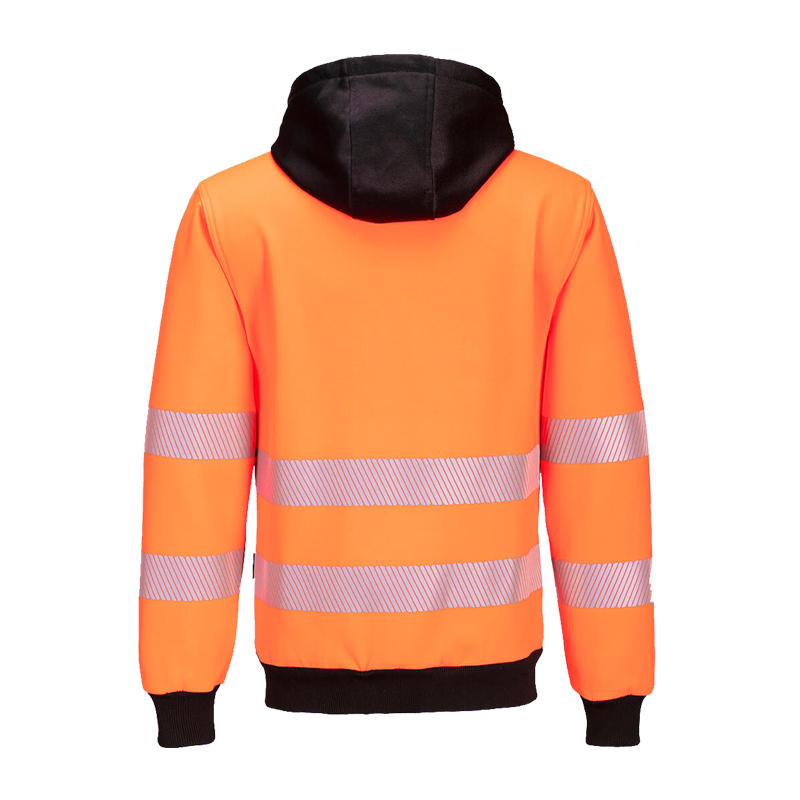 Rückansicht einer PortWest Warnschutz-Kapuzenjacke in Orange-Schwarz mit Kapuze, schwarzen Bündchen und umlaufenden Reflexstreifen an Rumpf und Ärmeln