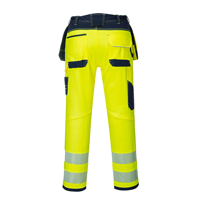 Rückansicht einer PortWest Warnschutzhose in Gelb und Marine mit Reflexstreifen, Gesäßtaschen und Arbeitstaschen für hohe Sichtbarkeit im Arbeitsalltag