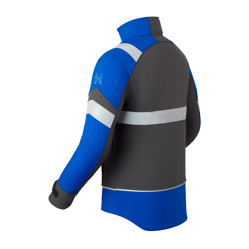Rückansicht der HaVeP 5Safety Image+ 50384 MultiNorm SoftShell Jacke | APC1 in Blau und Anthrazit mit umlaufenden Reflexstreifen am Rücken und Ärmel