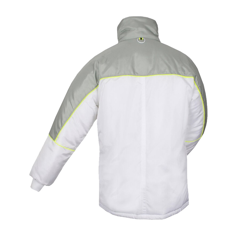Rückansicht der TEMPEX HYGIENE Kühlhaus Jacke von HB Protective Wear in Weiß-Grau mit Reflexpaspeln, hygienische Kälteschutzjacke für Kühlräume und Lebensmittelbetriebe bei 0 bis 10 °C