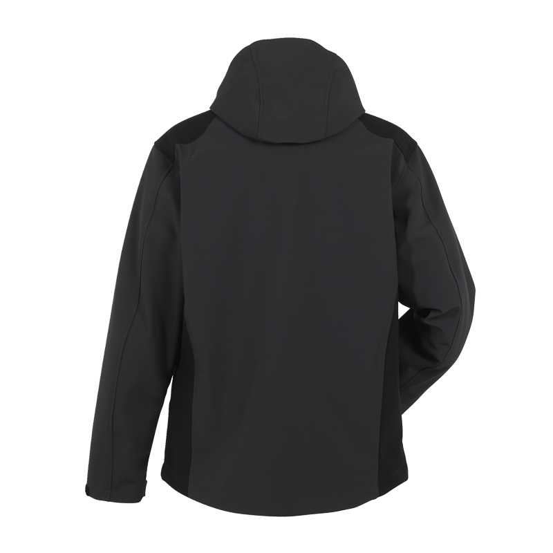 Rückansicht der schwarzen Planam Moto Softshelljacke mit Kapuze von Planam